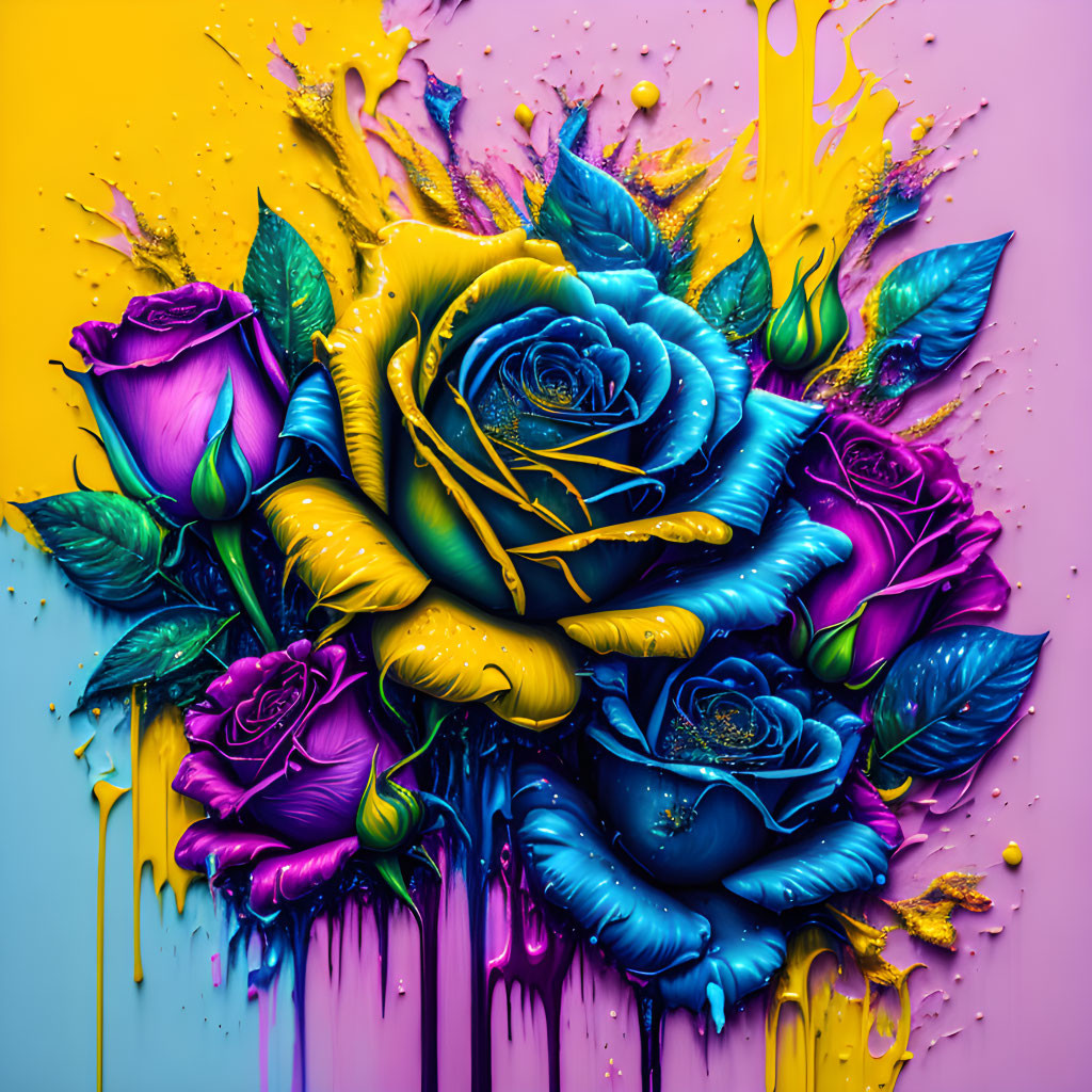 Colorful digital artwork: Psychedelic roses in vivid purples, blues, and yellows