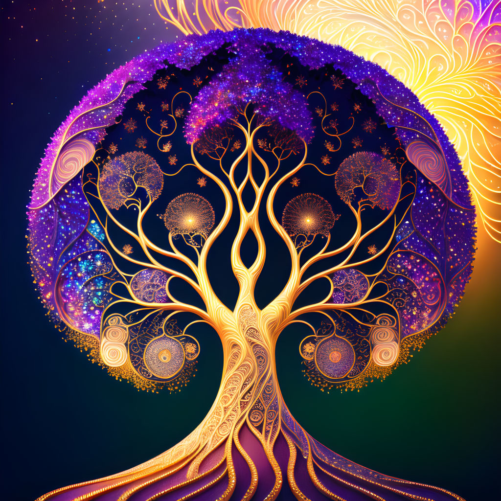 Colorful digital artwork: Whimsical tree with golden branches on cosmic backdrop.