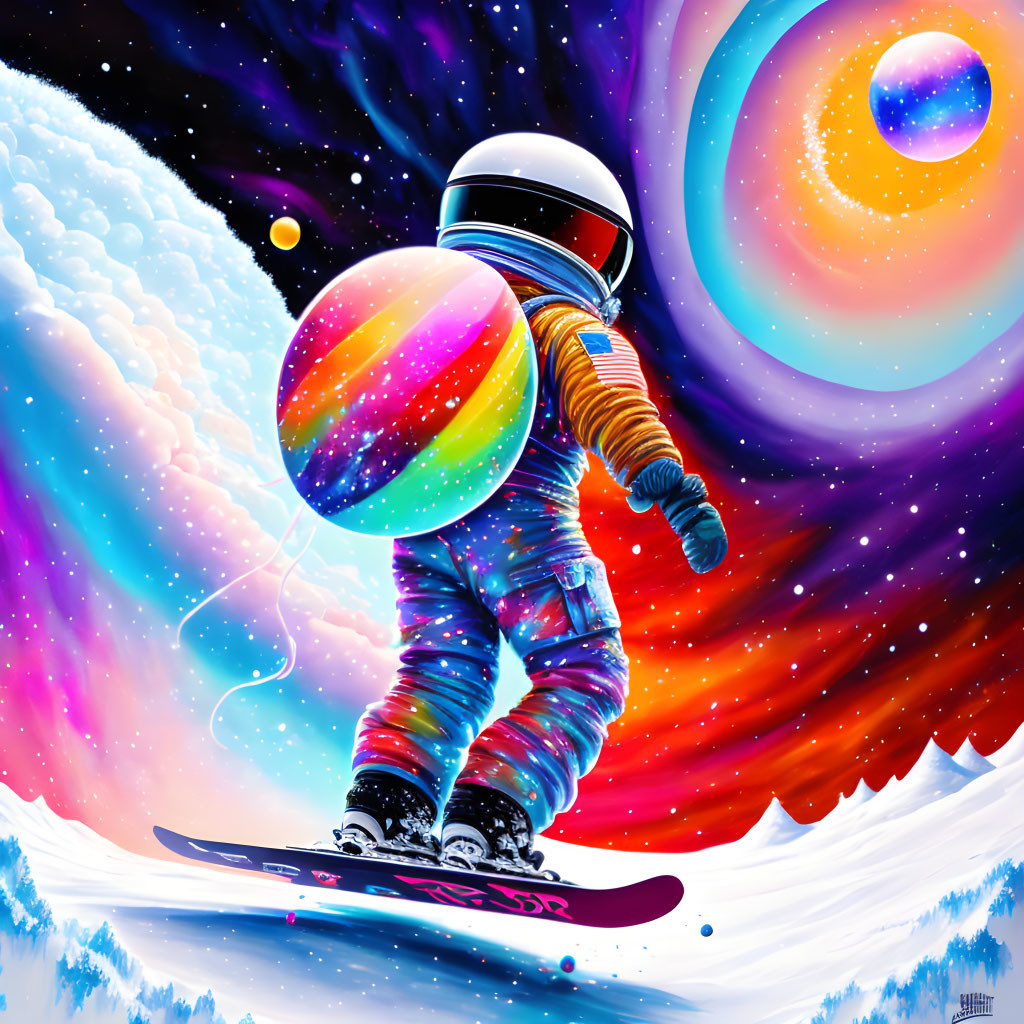 Astronaut snowboarding on snowy hill with colorful planet and galactic backdrop