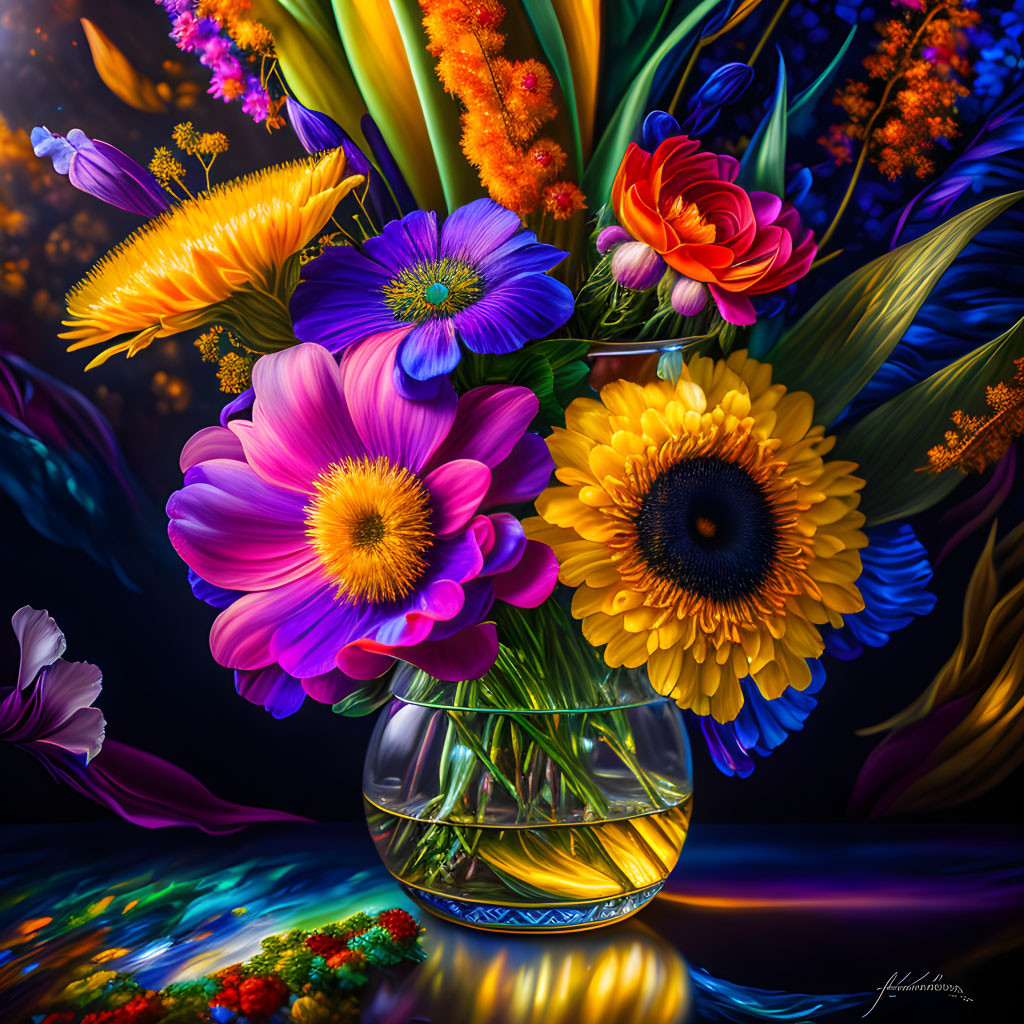 Assorted Sunflowers and Daisies in Clear Vase on Dark Background