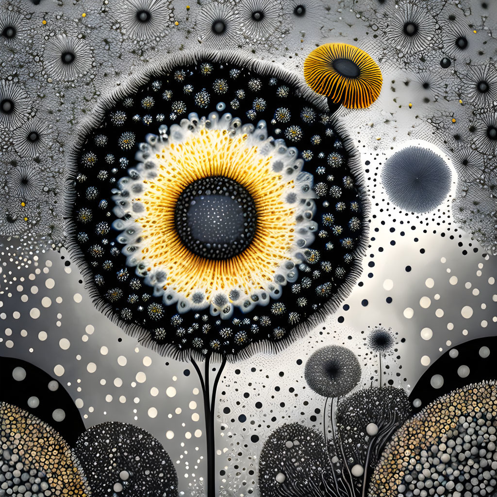 Circular Dandelion-Inspired Abstract Art in Black, White, and Yellow