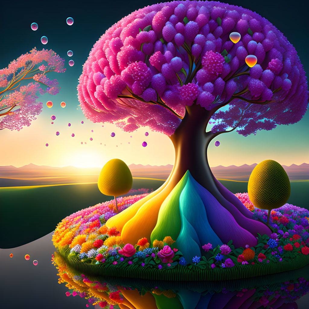 Colorful Tree and Floating Orbs in Vibrant Landscape