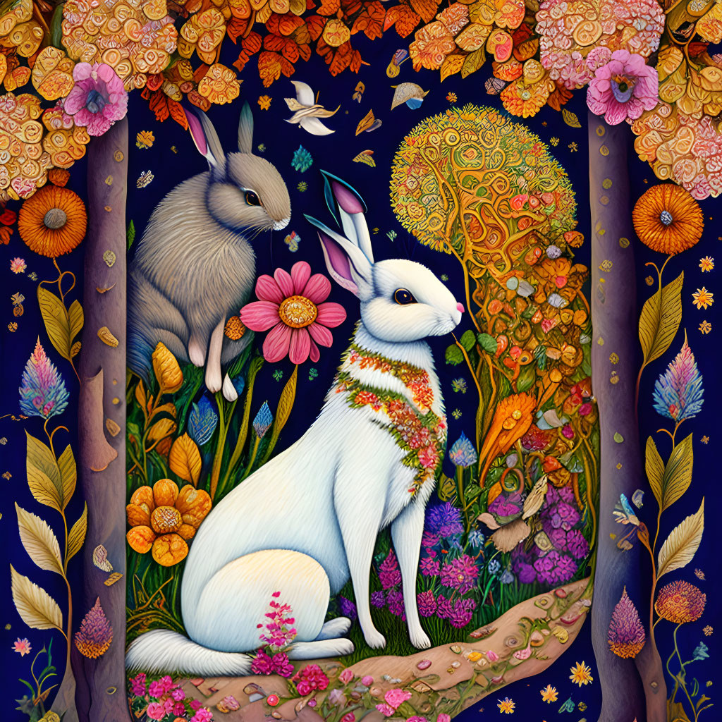 Detailed illustration: Two rabbits in colorful flora on dark blue backdrop