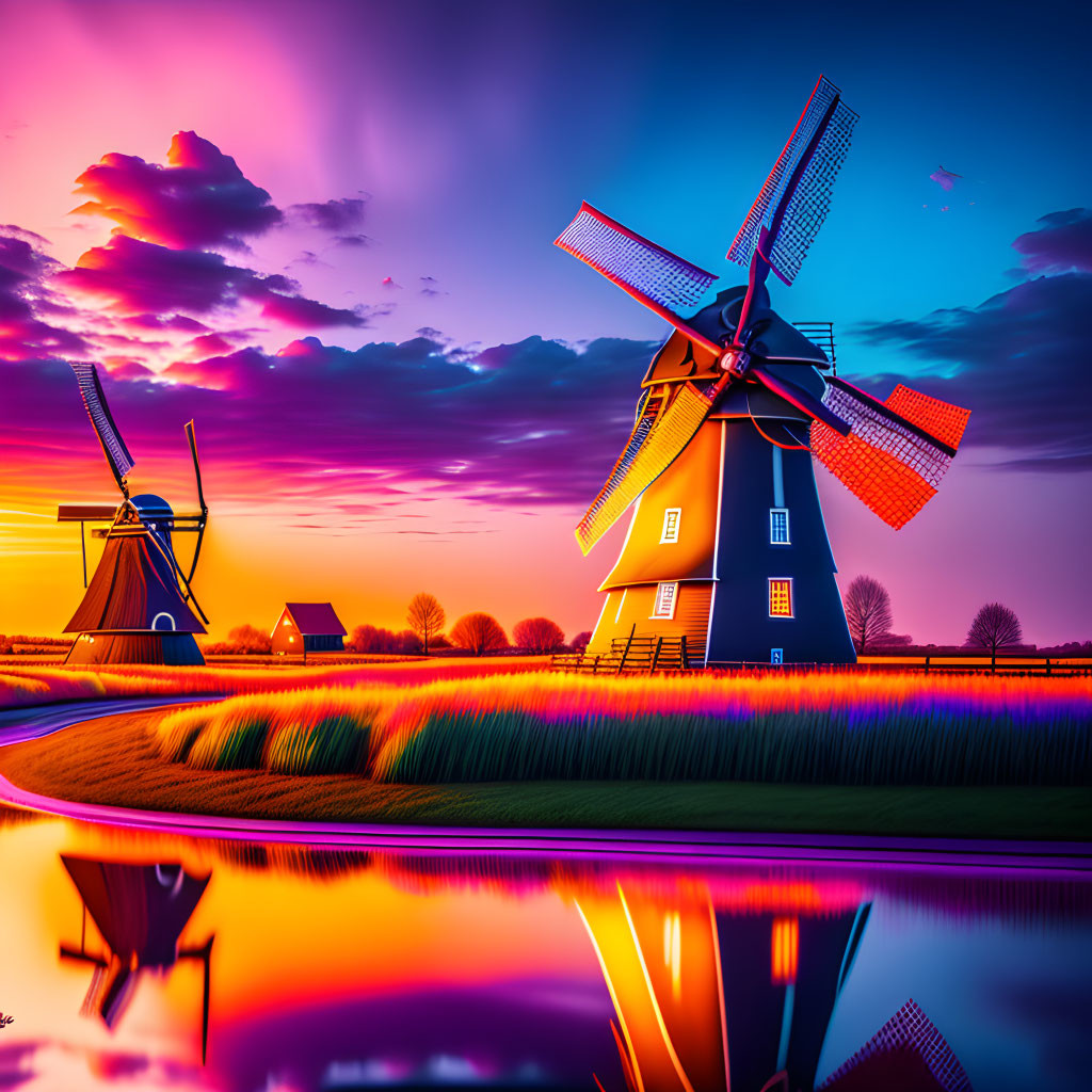 Scenic sunset with pink and purple hues over Dutch windmills reflected in waterway