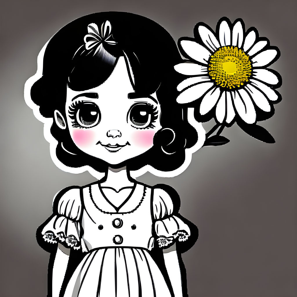 Monochrome illustration of wide-eyed girl with bow next to daisy