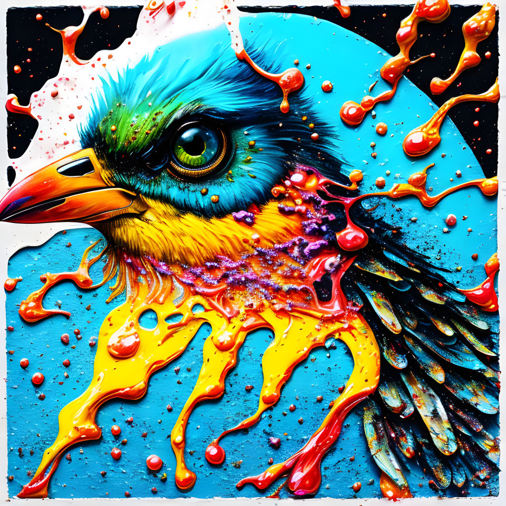 Colorful Artwork with Stylized Bird in Neon Paint