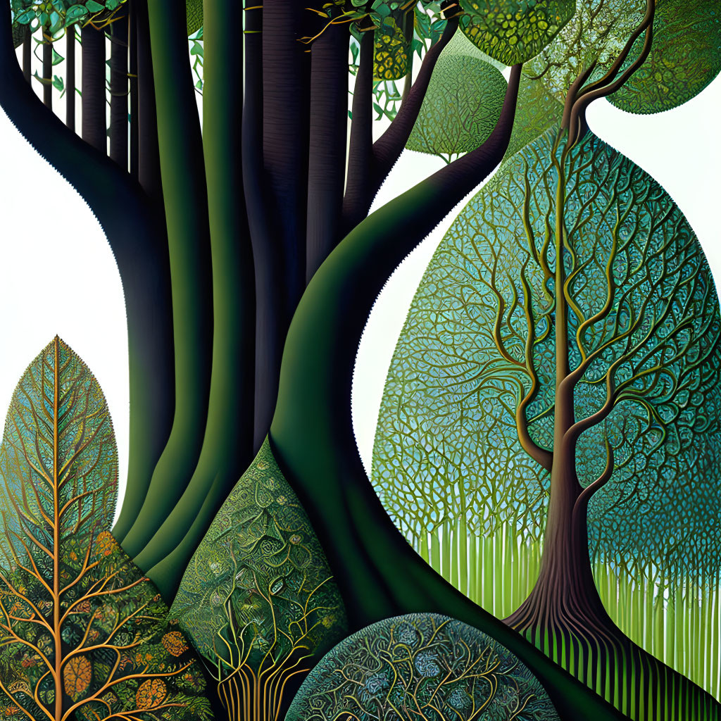 Vibrant green forest illustration with diverse tree shapes and intricate leaf patterns