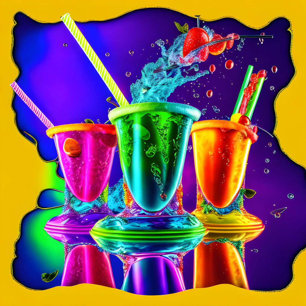 Colorful Slushie Drinks with Straws on Psychedelic Background