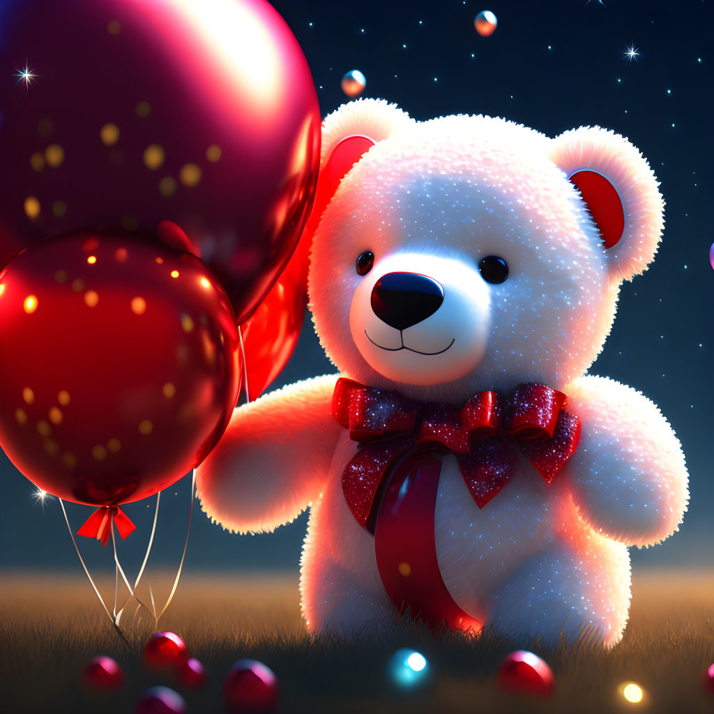 Fluffy Teddy Bear with Red Bow Tie Holding Balloons under Starry Sky