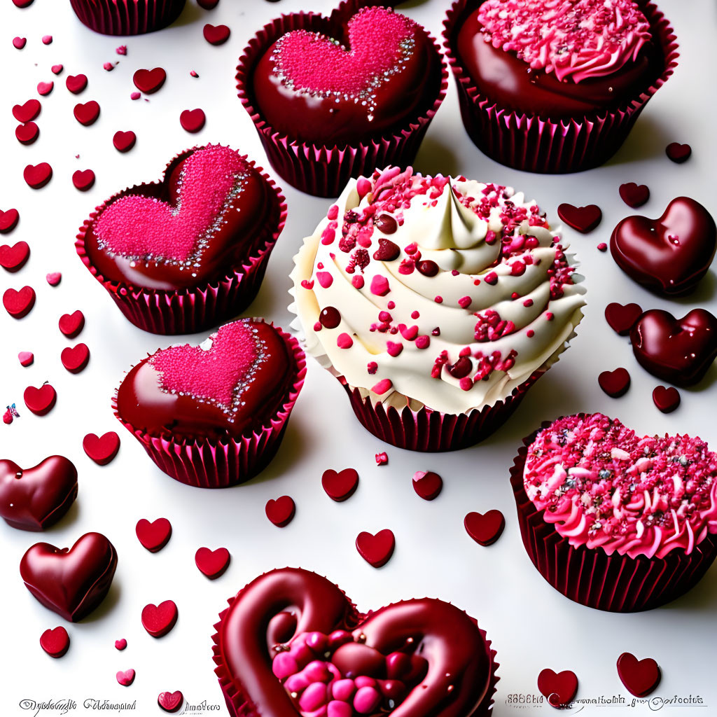 Valentine's Themed Cupcakes with Heart-Shaped Decorations and Red Sprinkles