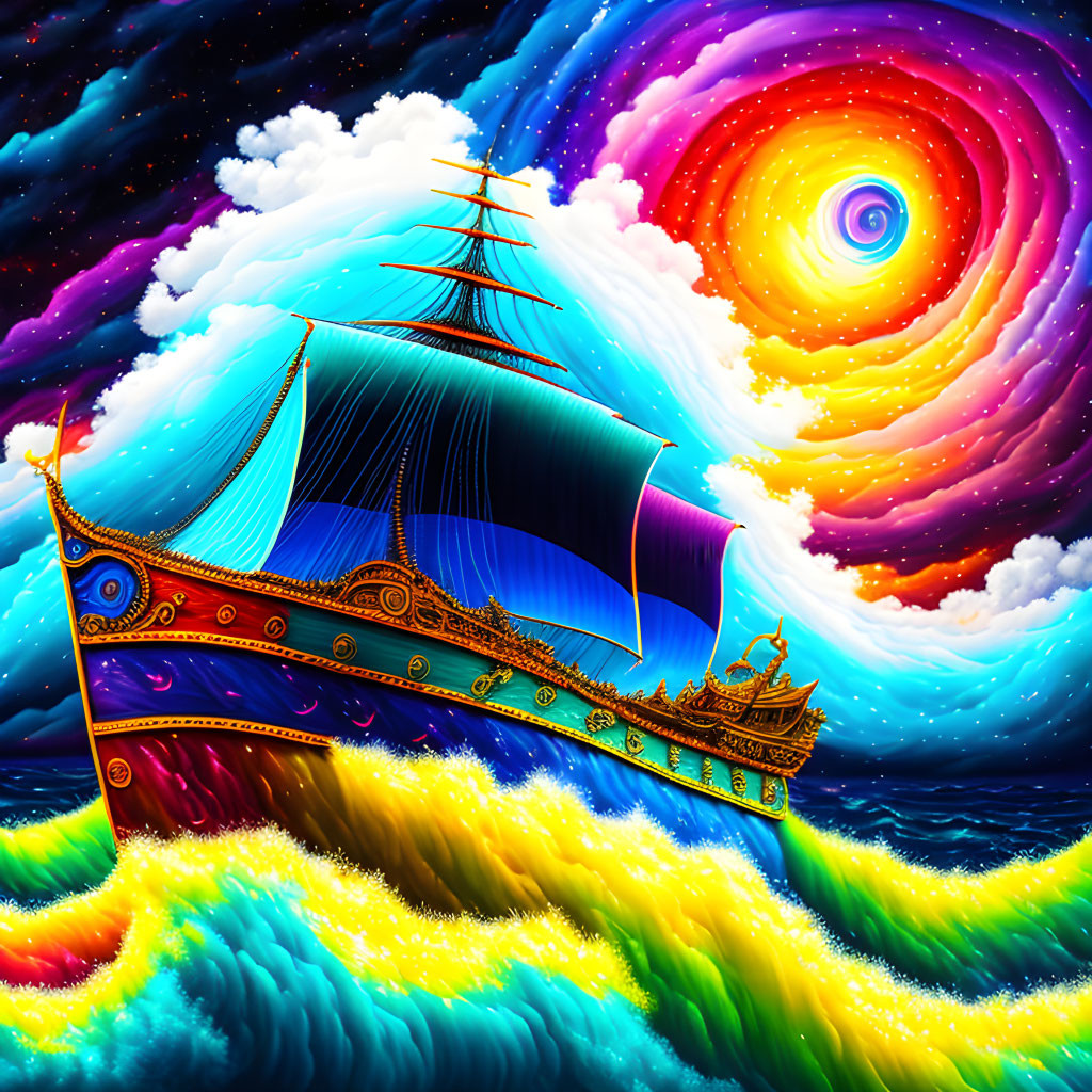 Colorful classic ship sailing on fantastical waves under swirling galaxy with stars and nebulae in rainbow