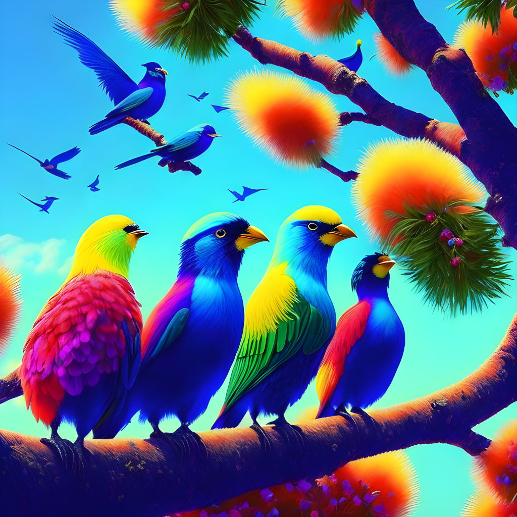 Colorful Birds Perched on Tree Branch in Vibrant Digital Art