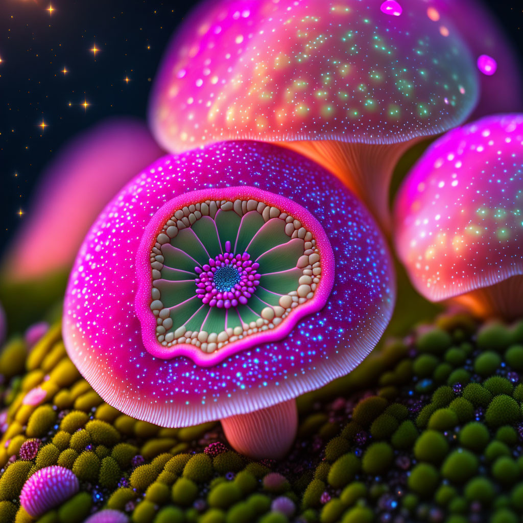 Colorful fractal mushroom digital art with neon lights and intricate patterns on starry backdrop