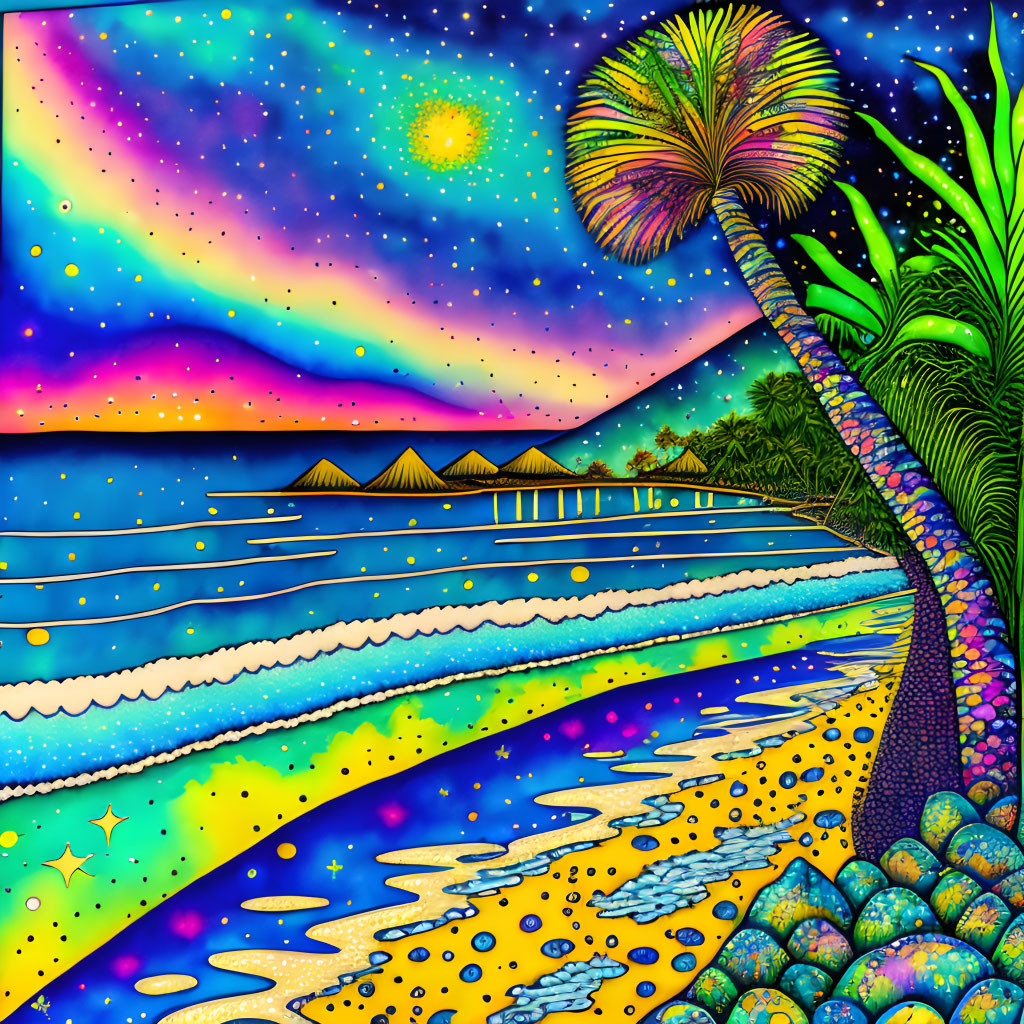 Vibrant beach scene at night with palm tree, huts, starry sky, and fireworks