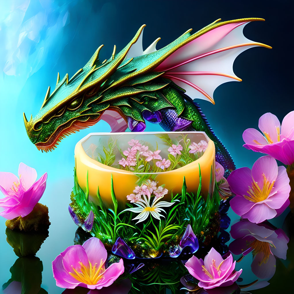 Vibrant digital artwork: metallic dragon, yellow cake, pink flowers