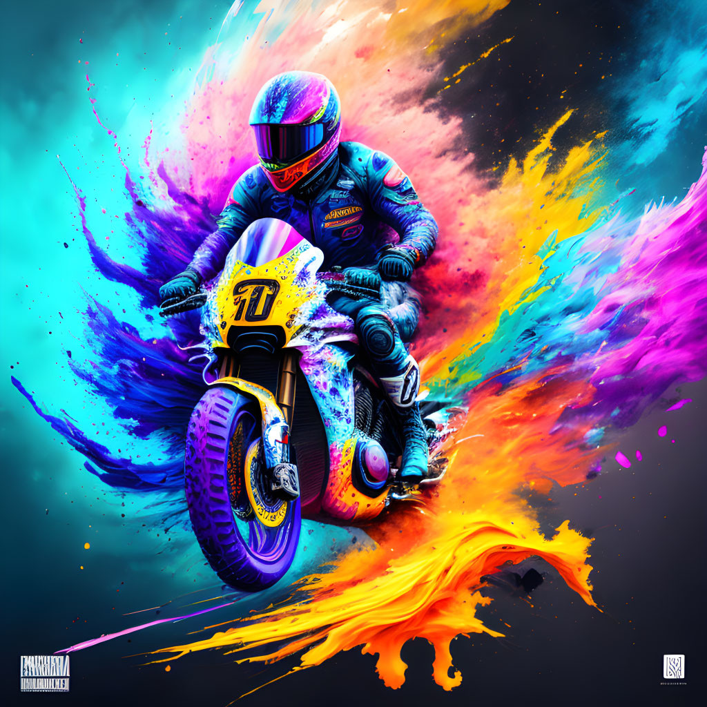 Colorful motorcyclist artwork with dynamic splash effect