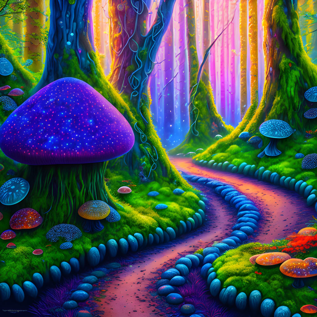 Enchanting fantasy forest with glowing mushrooms and colorful trees