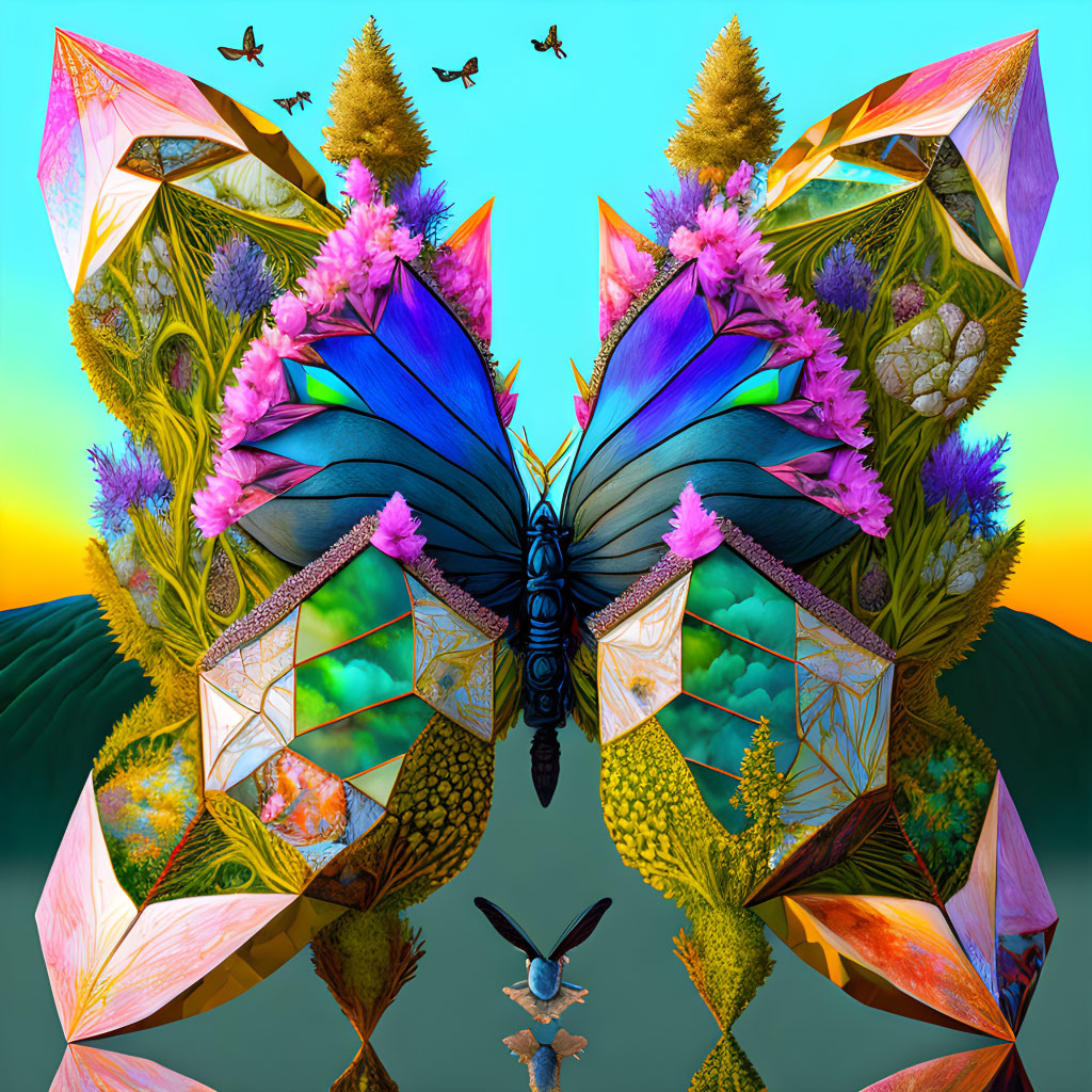 Symmetrical butterfly digital artwork with vibrant colors and geometric patterns