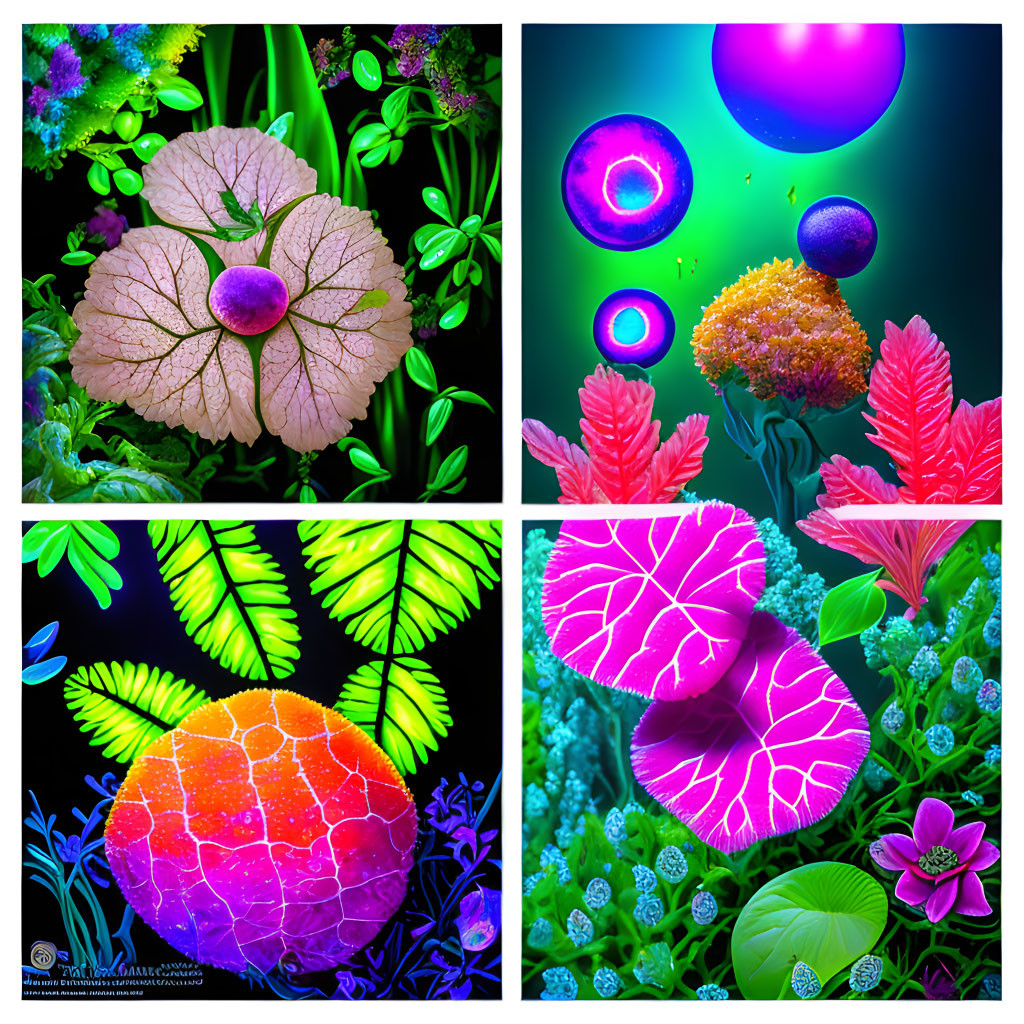 Neon-lit plant and floral collage under black light