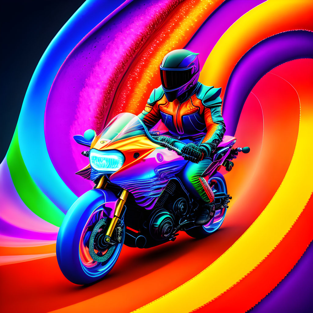 Colorful digital art: Rider in orange suit on futuristic motorcycle with neon rainbow trails