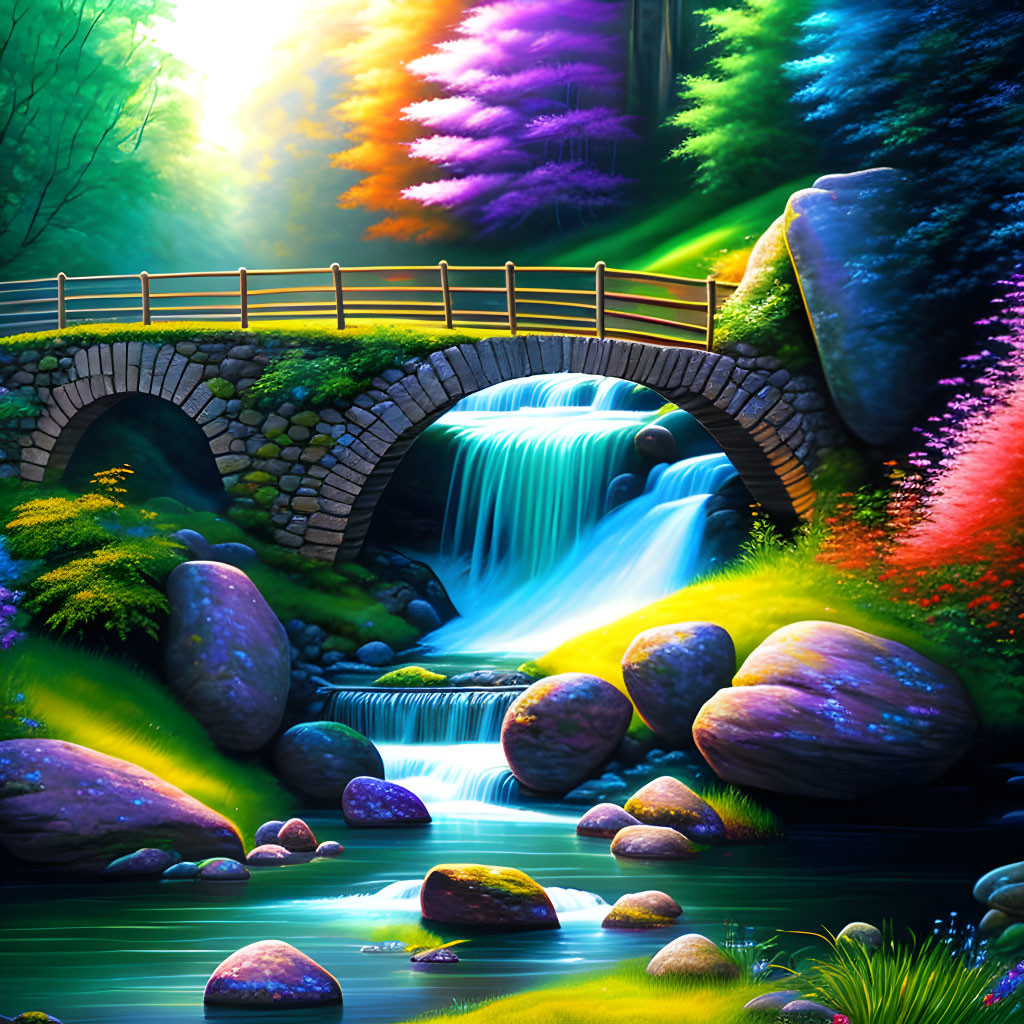 Vibrant digital artwork of mystical garden with stone bridge & waterfall