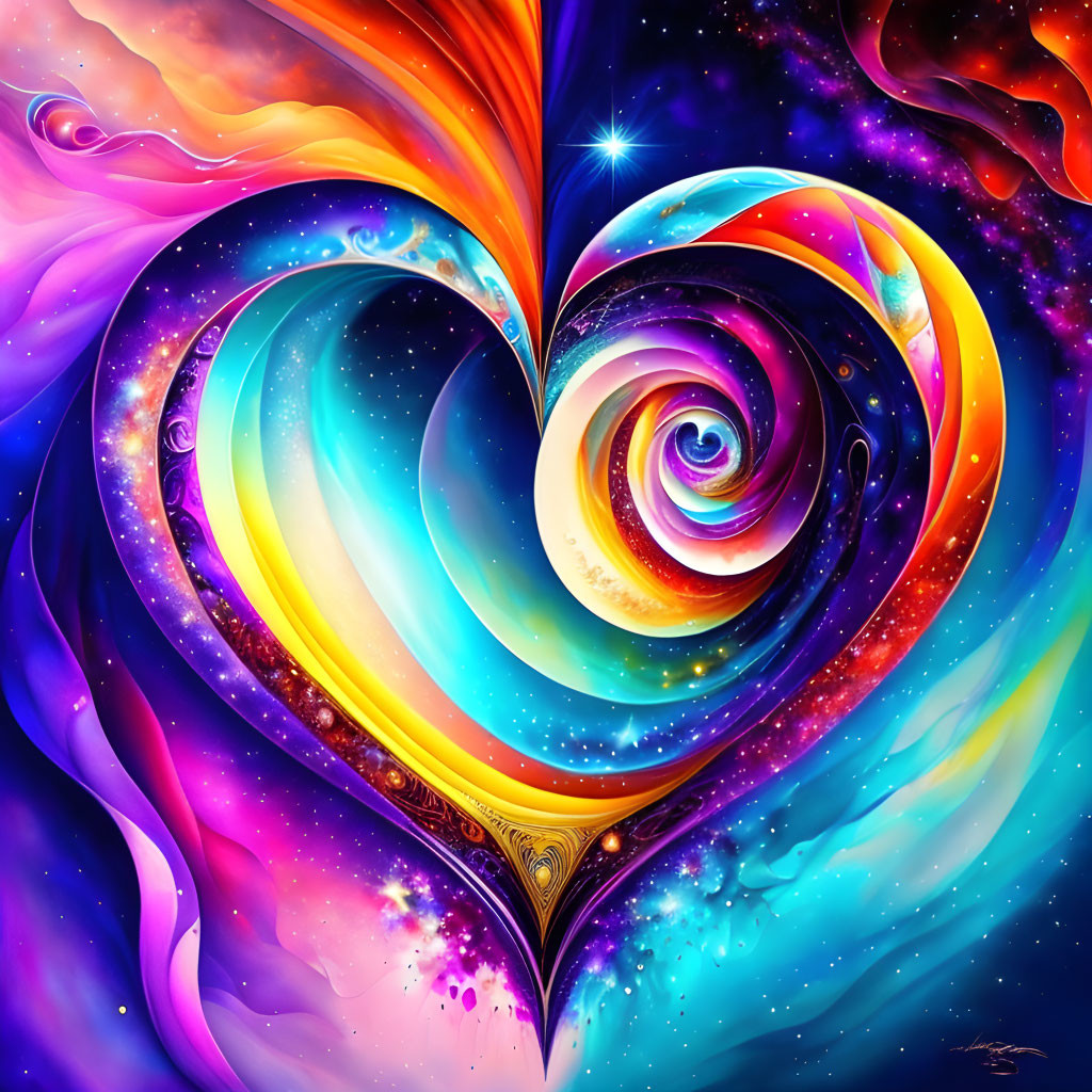 Colorful Psychedelic Heart Illustration with Cosmic Background