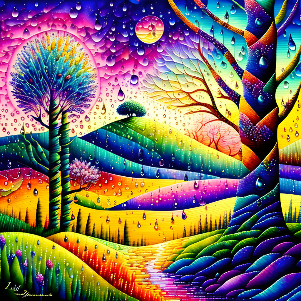 Colorful Psychedelic Tree Under Sunset Sky with Raindrops and Celestial Bodies