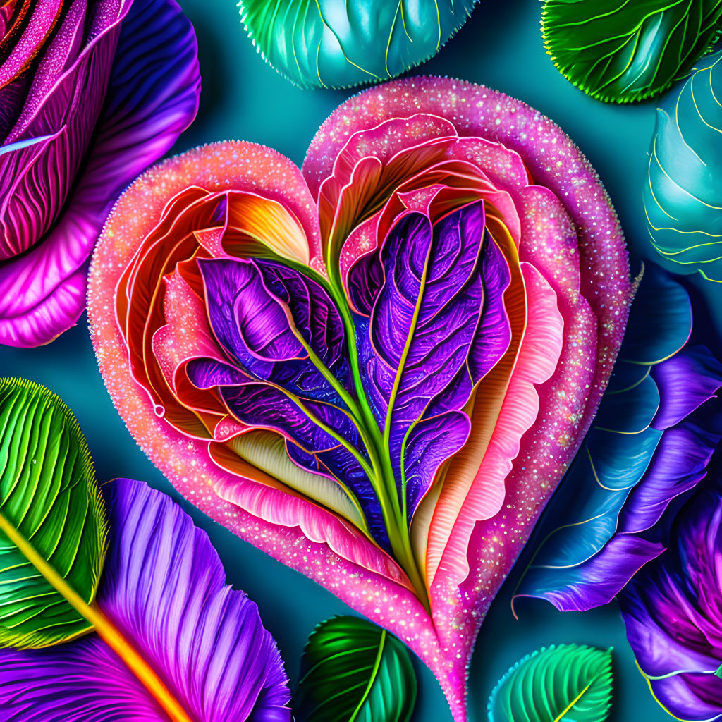 Colorful Heart-Shaped Leaves Artwork on Teal Background