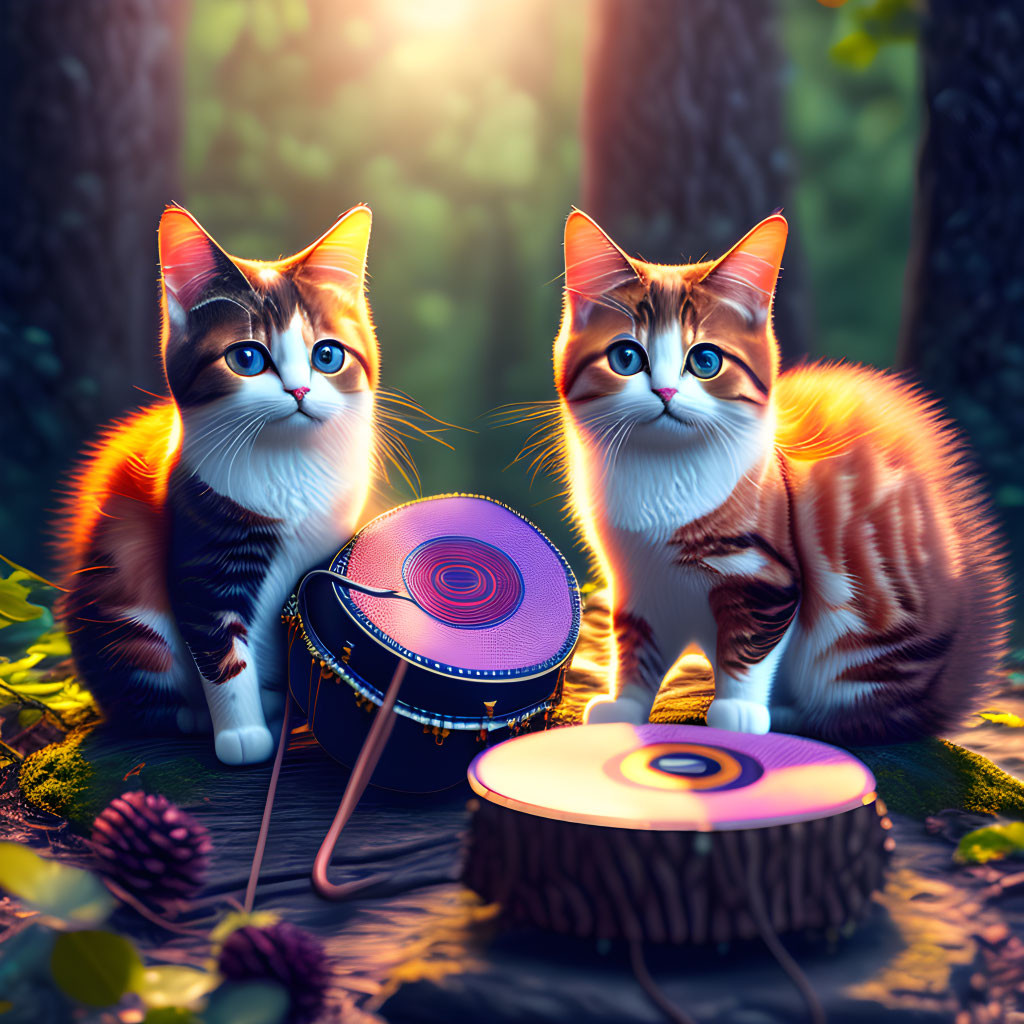 Colorful Cats with Hat and Object in Whimsical Forest