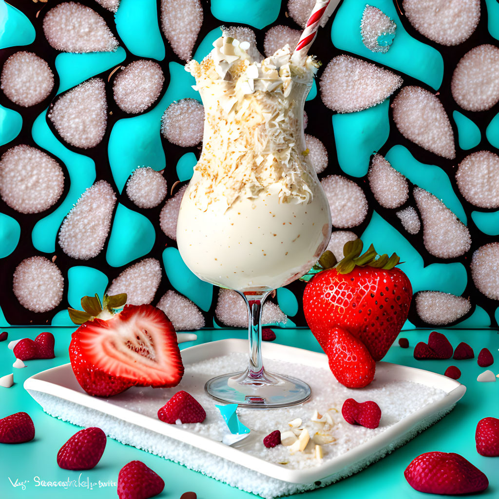 Decadent milkshake with whipped cream, white chocolate, and strawberries