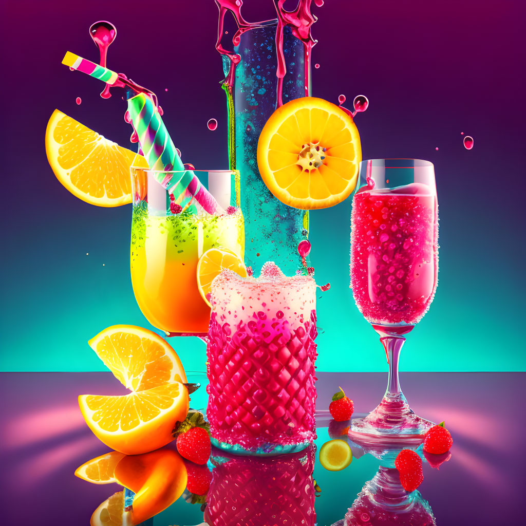 Colorful Beverages with Fruits on Reflective Surface Against Gradient Background