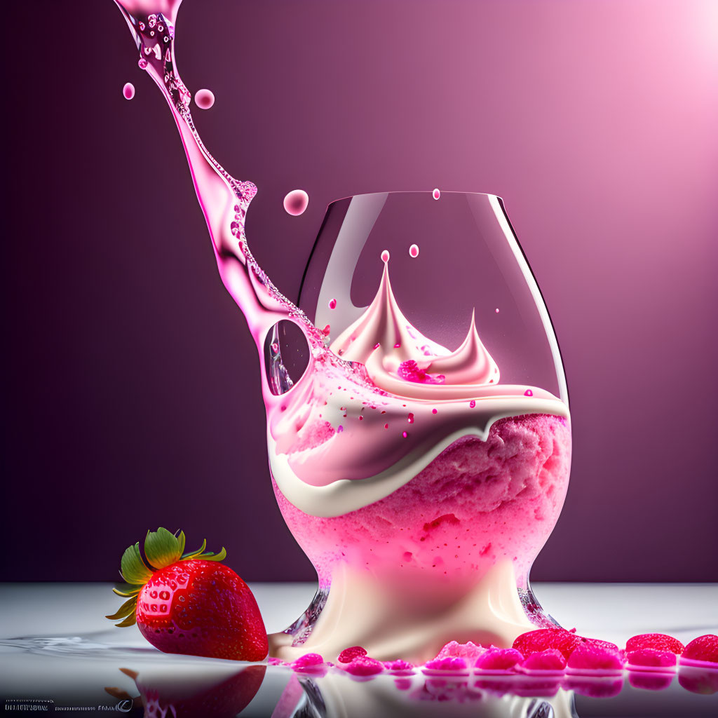 Pink liquid glass with strawberry, candies on purple background