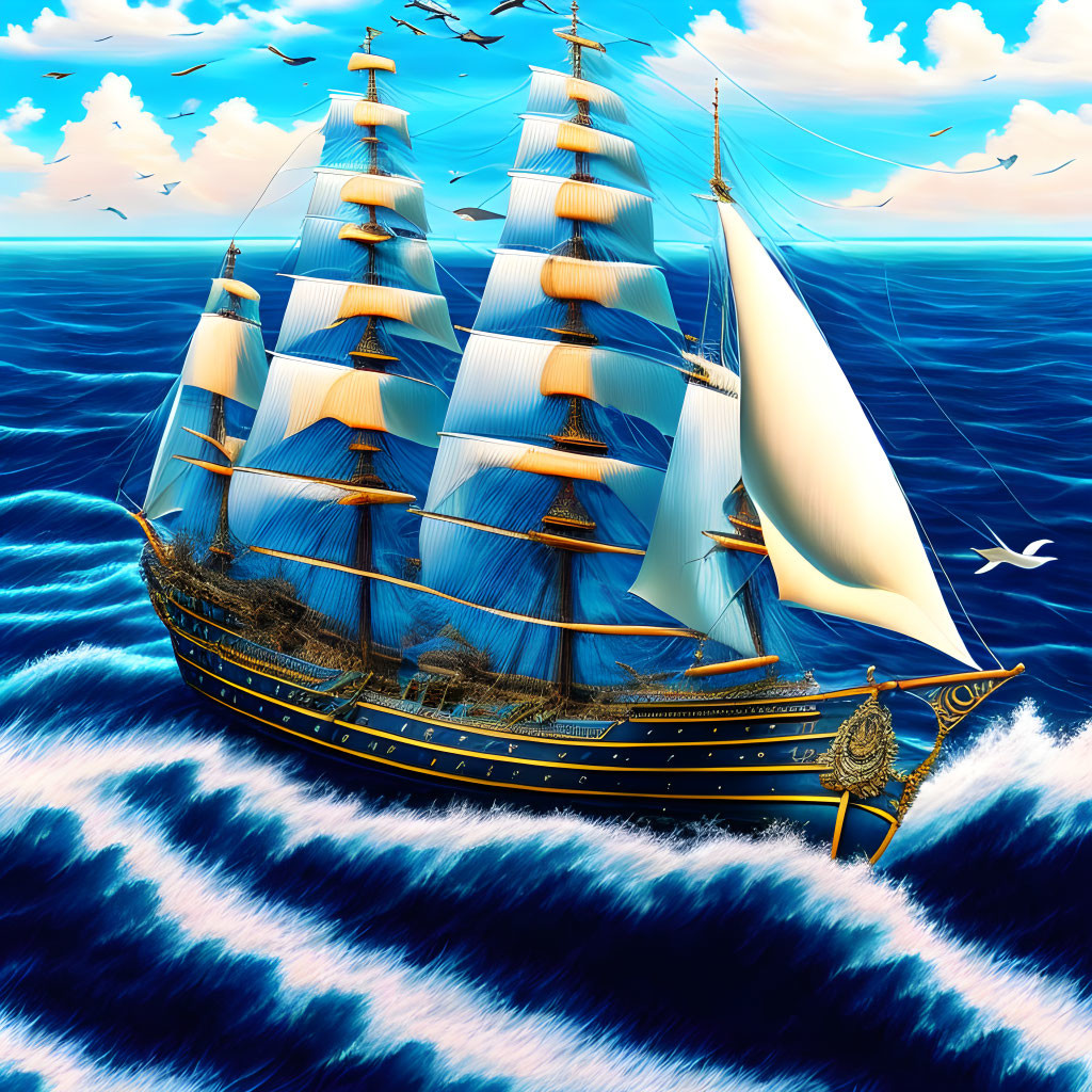 Majestic sailing ship on rolling blue waves under sky with seagulls