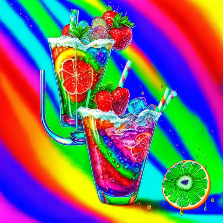 Colorful Fruit Cocktail Illustration on Psychedelic Rainbow Background