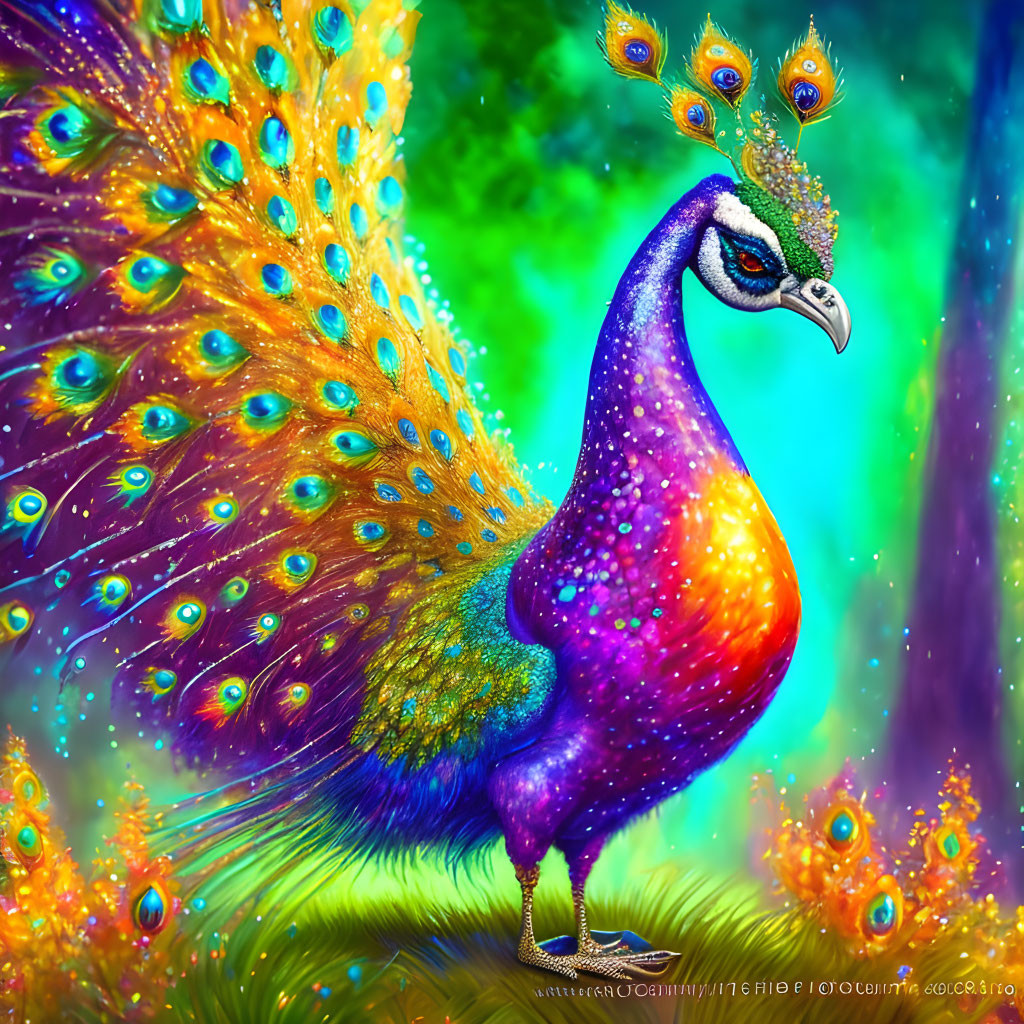 Colorful peacock illustration in lush forest setting