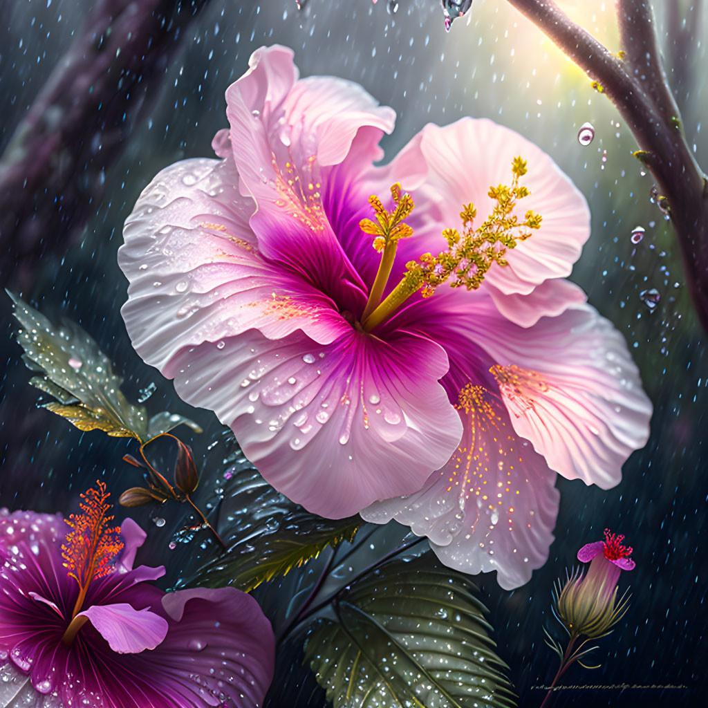 Vibrant Pink Hibiscus Flowers with Raindrops and Sunlight