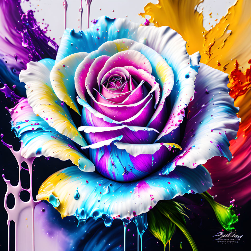 Colorful digital artwork: Rose with multicolored petals and dynamic paint splashes