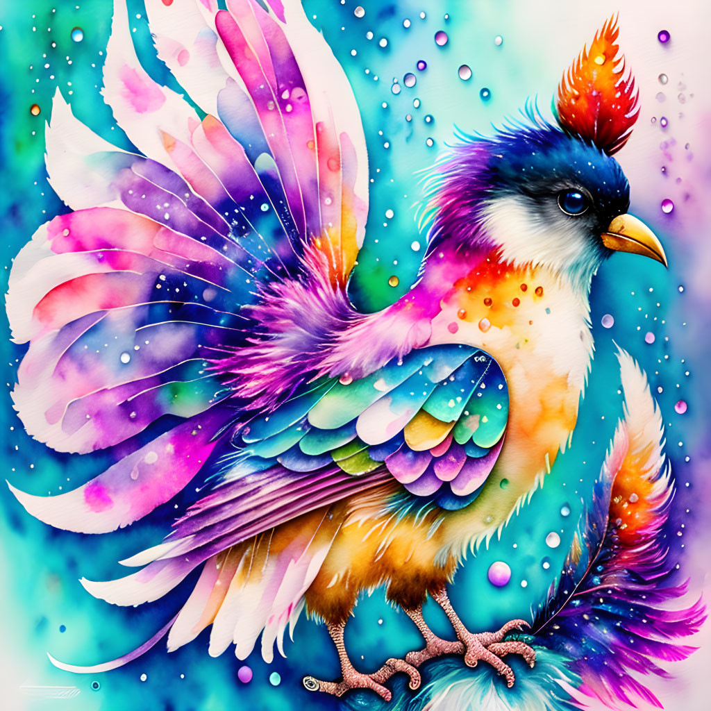 Colorful Bird Illustration with Watercolor Splatters and Feather Details