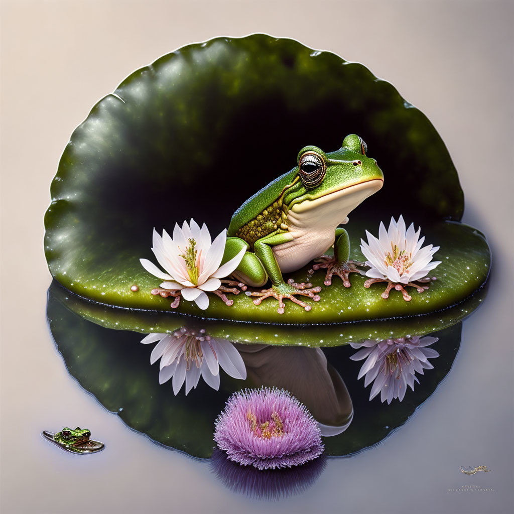 Green frog on lily pad with white flowers and purple bloom in water