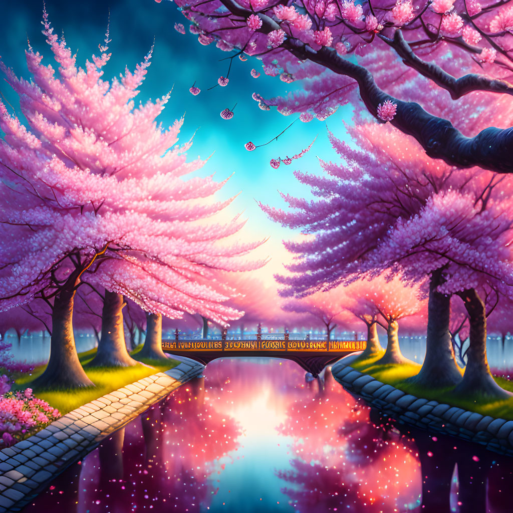 Pink cherry trees over reflective water pathway at twilight