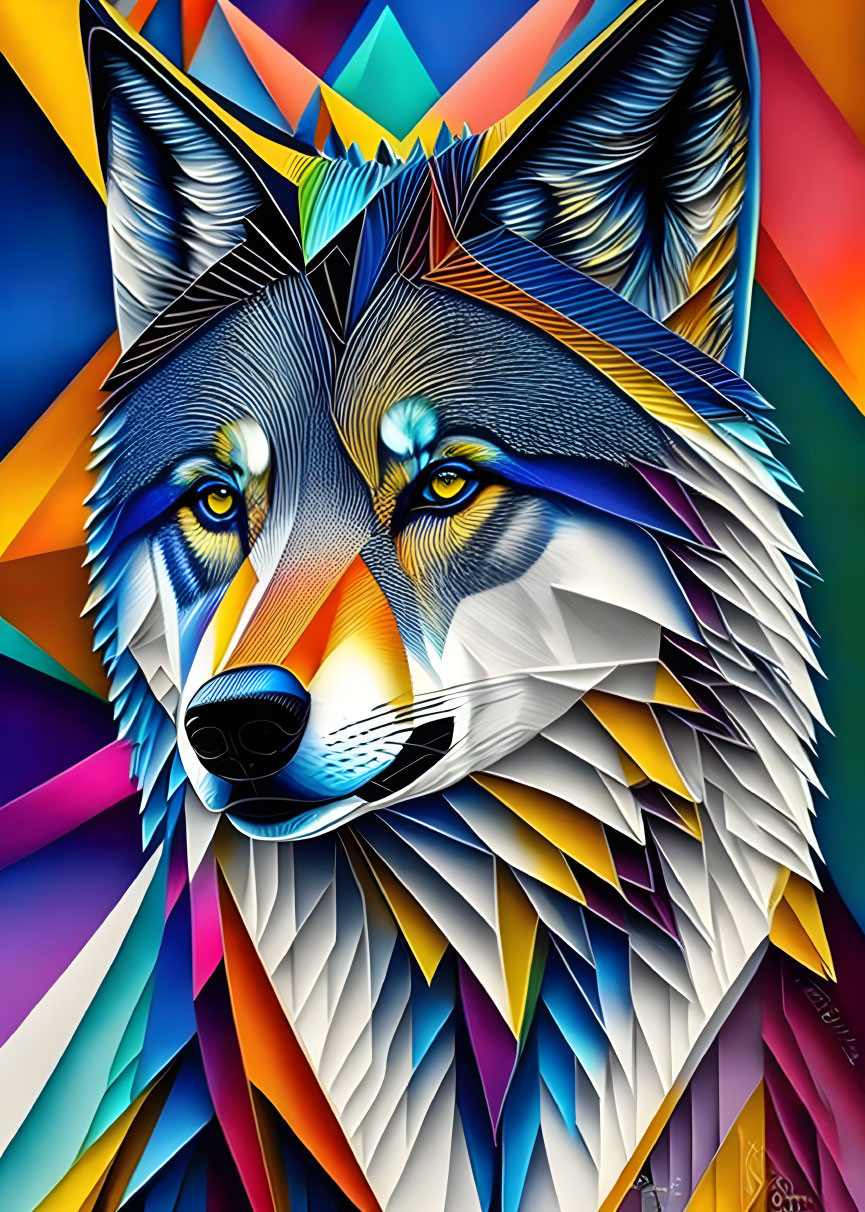 Colorful Wolf Artwork with Geometric Background