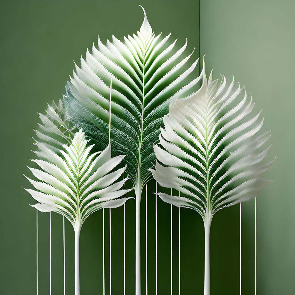 Stylized white fern leaves on green background with detailed textures