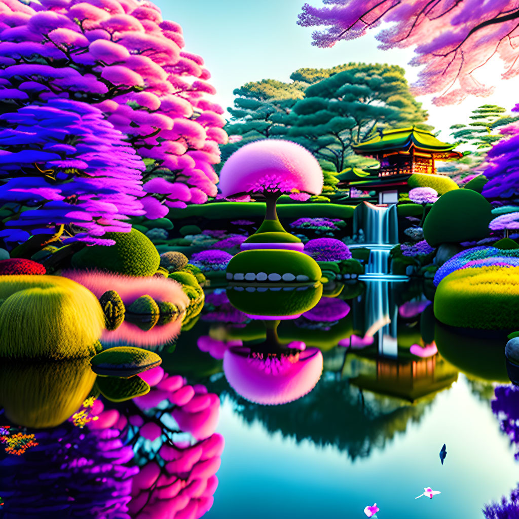 Colorful Fantasy Garden with Waterfall, Lake, Pavilion