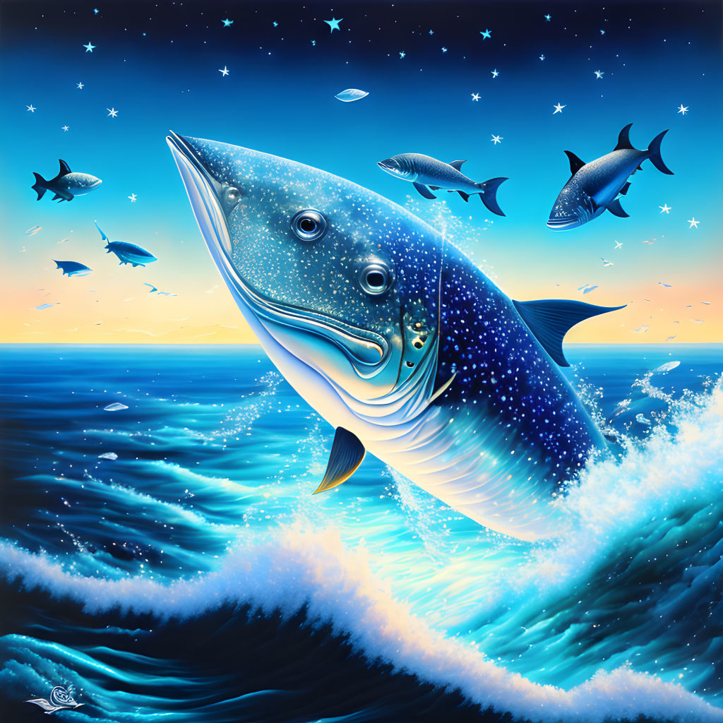 Stylized large fish leaping from ocean at twilight with star reflections.