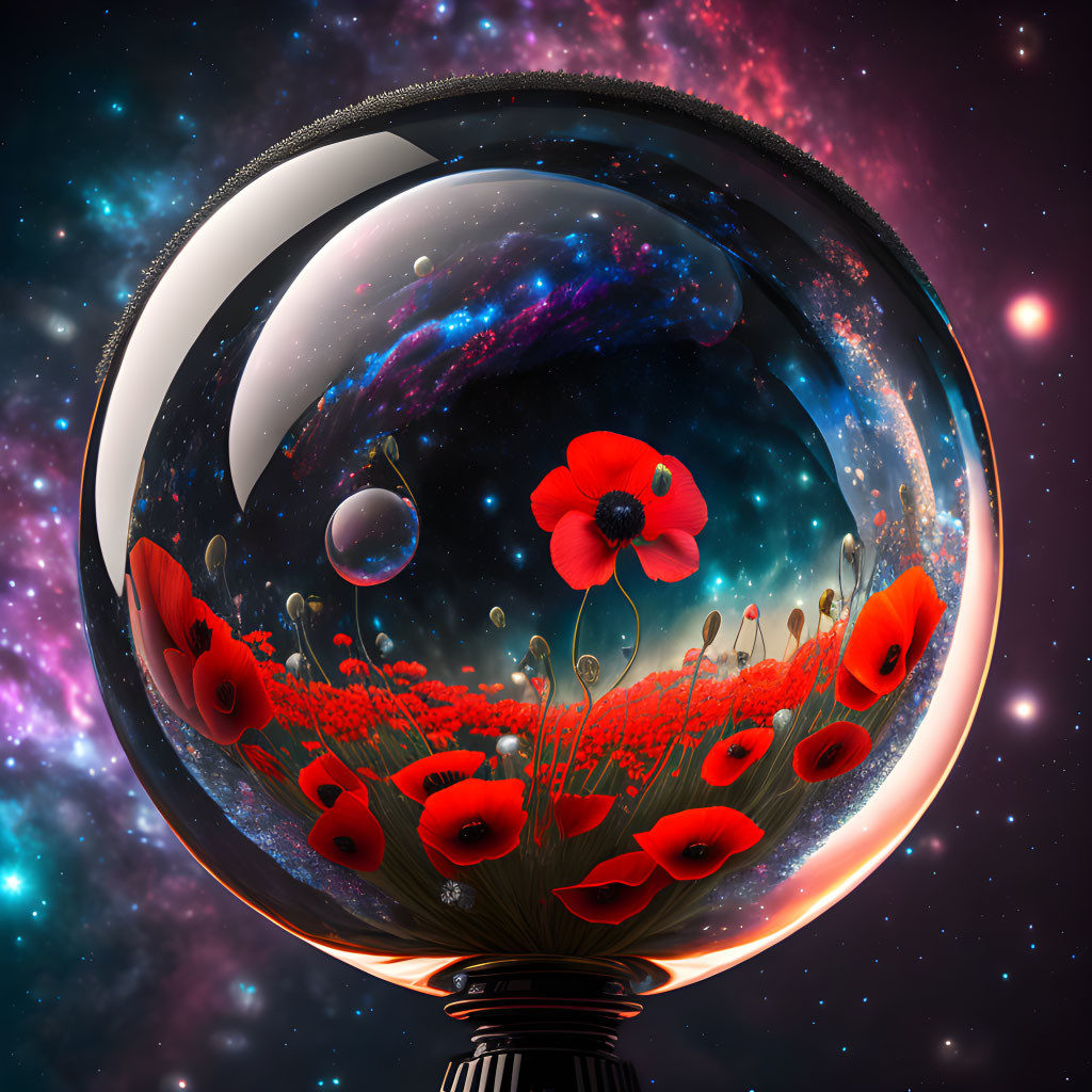 Colorful Cosmic Scene with Red Poppies and Celestial Bodies