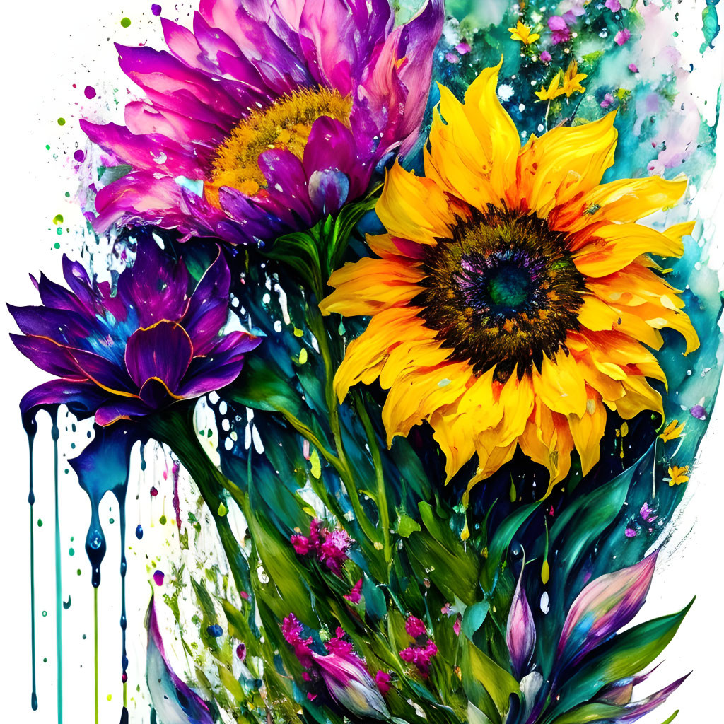 Colorful Flowers Watercolor Painting with Sunflower