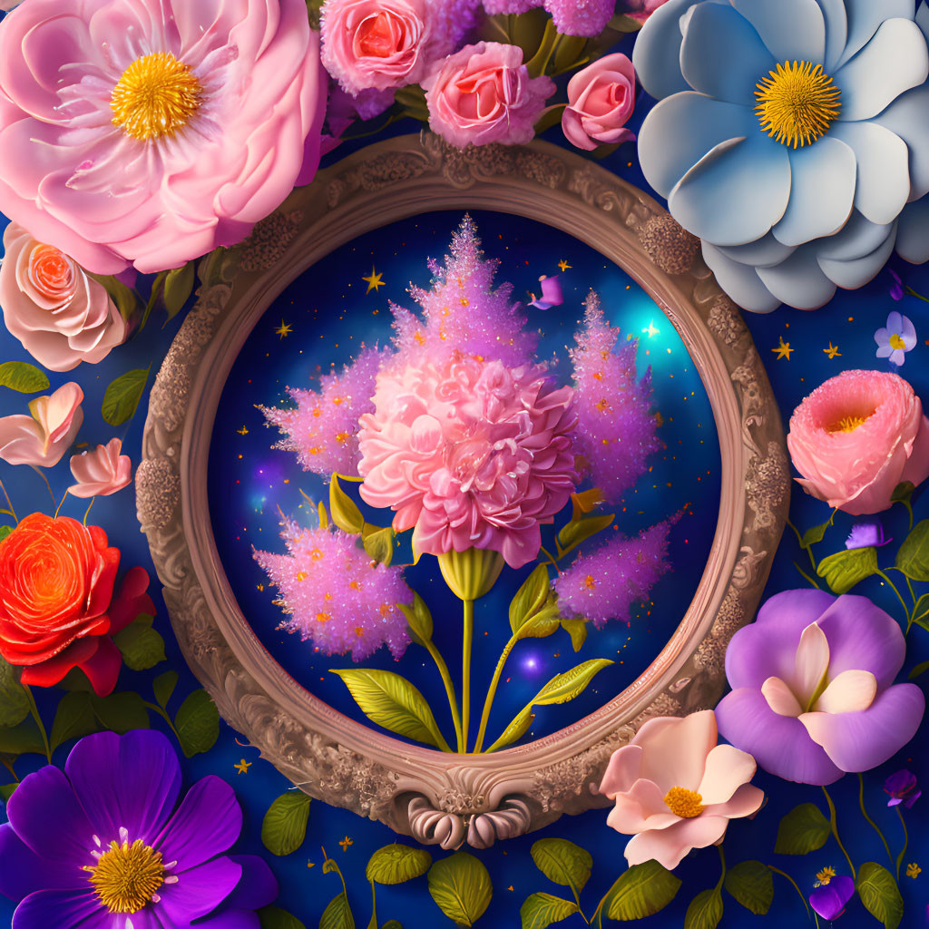 Cosmos-Themed Floral Arrangement in Ornate Oval Frame