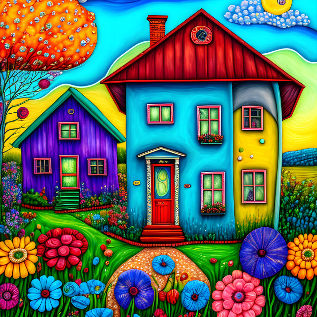 Colorful Painting: Whimsical House, Red Roof, Lush Garden, Oversized Flowers