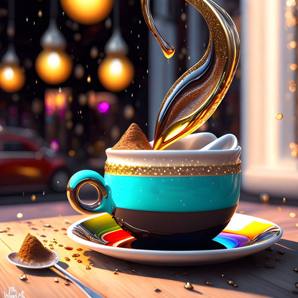 Whimsical coffee cup illustration with magical swirl on urban evening backdrop