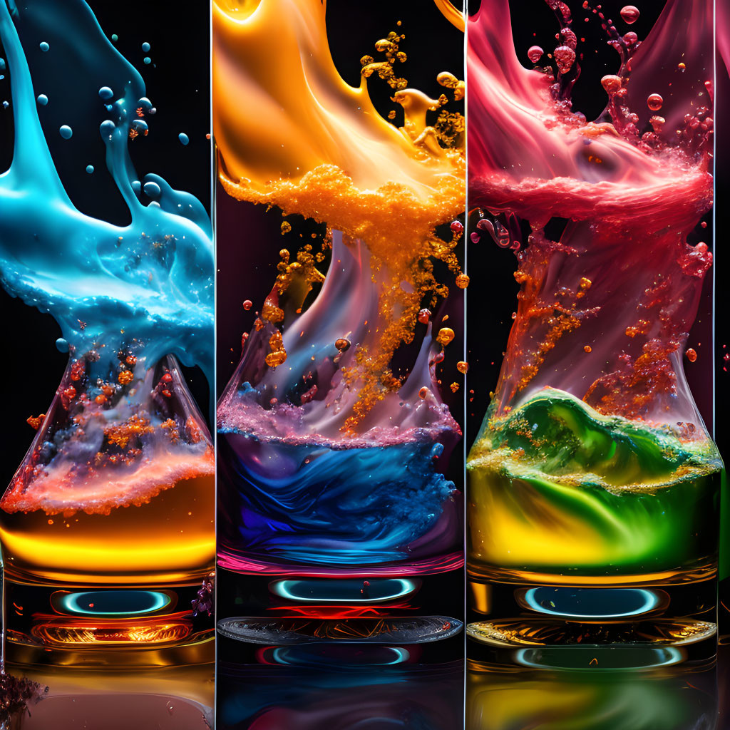 Vibrant blue, orange, and red liquid splashes on dark background